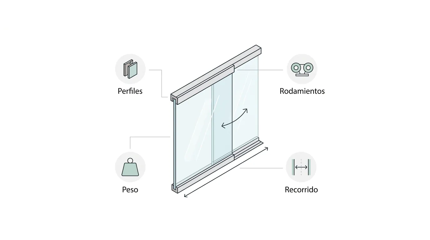 Infografía esquemática sobre los puntos de revisión técnica en un sistema de cortinas de cristal antes de la motorización.
