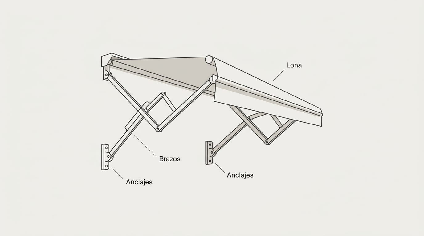 Diagrama de inspección de partes clave de un toldo: brazos, anclajes y lona